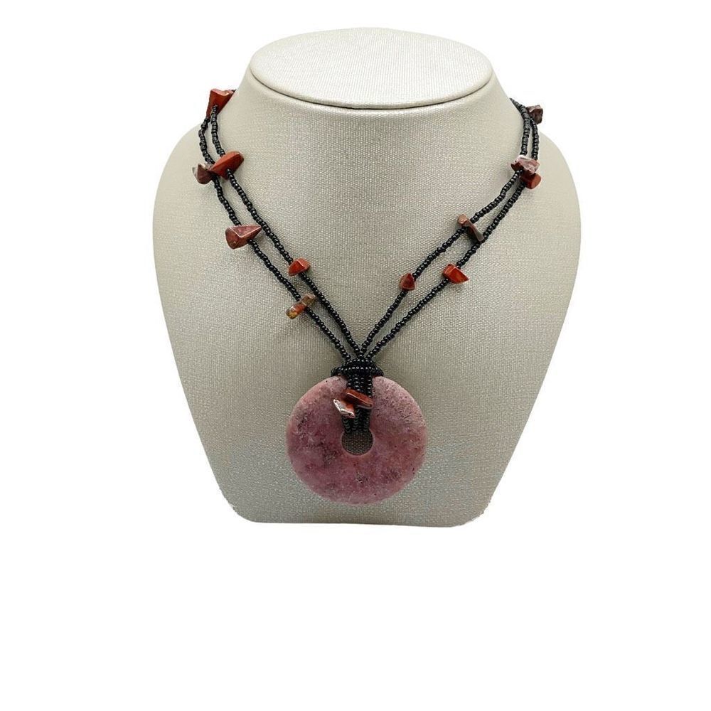 Rhodochrosite Necklace Purple Natural Stone Donut Pendant Black Beaded Chain